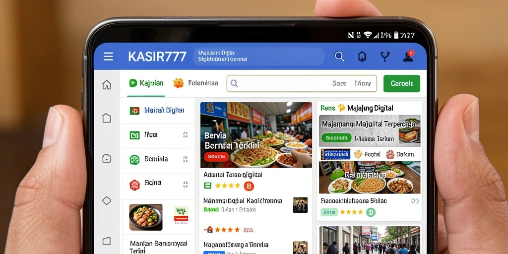 Tampilan antarmuka aplikasi KASIR777 dengan beragam pilihan berita digital.